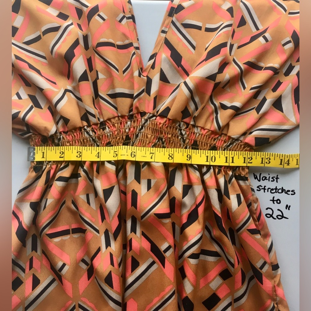 WISH Kimono orange blue mini dress Geometric pattern Smock waist Short sleeve - Picture 11 of 16